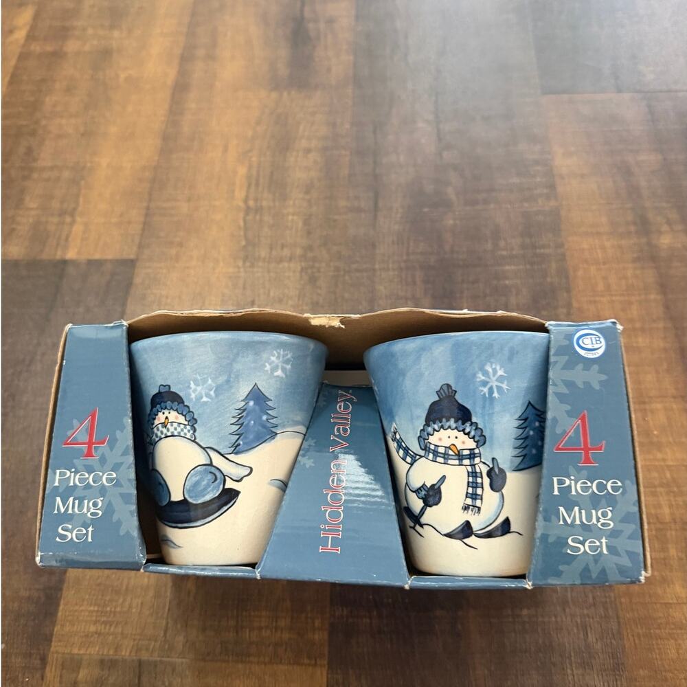 Hidden Valley Snowman Mug Set 4 Piece Hand Painted Ironstone Christmas Mugs